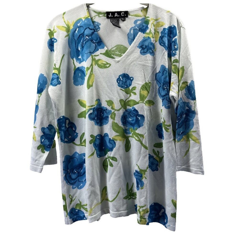 Vtg J.A.C. Womens Sweater Large Blue Roses 3/4 Sleeves Knit Y2K Pullover Stretch